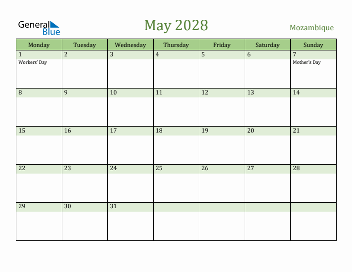 May 2028 Calendar with Mozambique Holidays