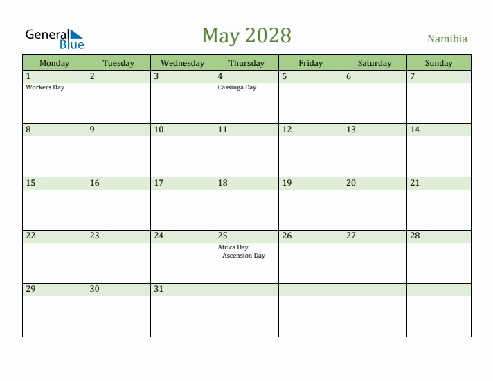 May 2028 Calendar with Namibia Holidays