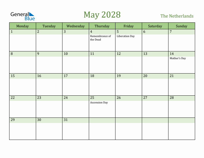 May 2028 Calendar with The Netherlands Holidays