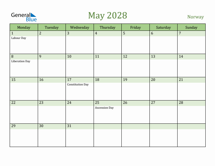 May 2028 Calendar with Norway Holidays