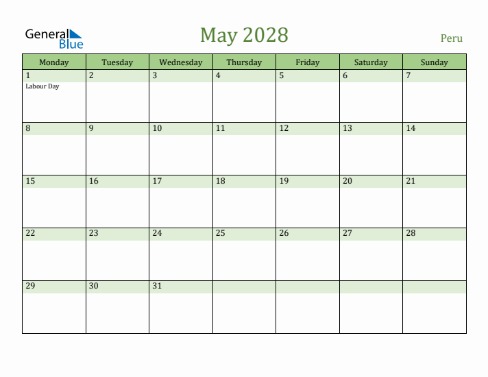 May 2028 Calendar with Peru Holidays