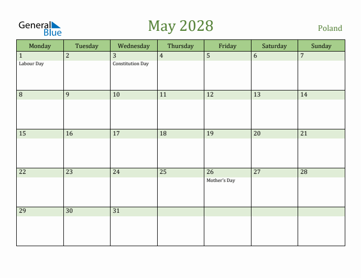 May 2028 Calendar with Poland Holidays