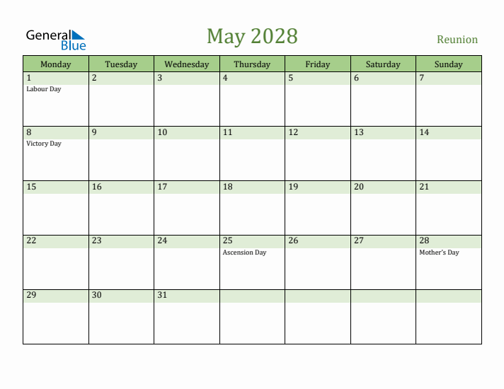 May 2028 Calendar with Reunion Holidays