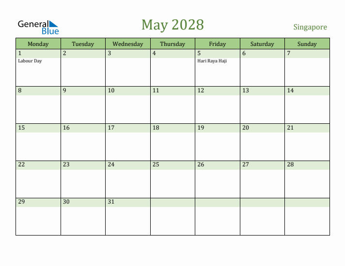 May 2028 Calendar with Singapore Holidays