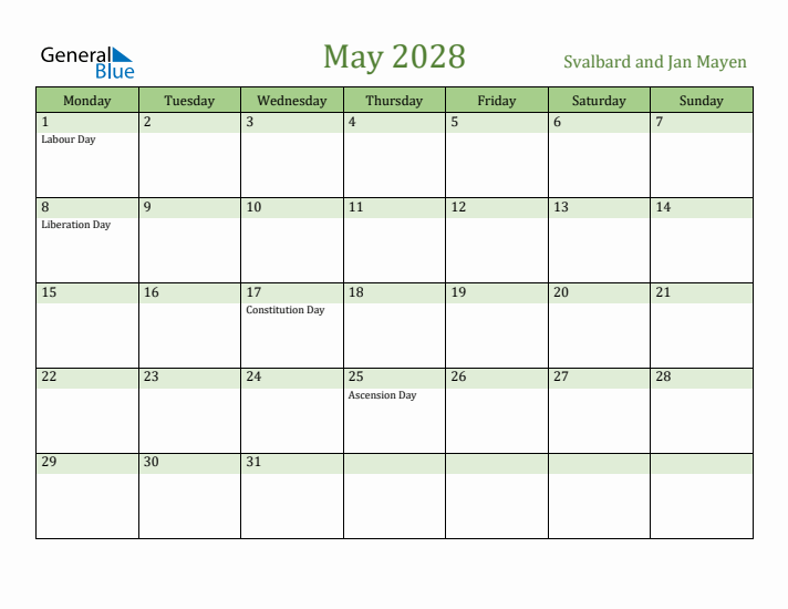 May 2028 Calendar with Svalbard and Jan Mayen Holidays