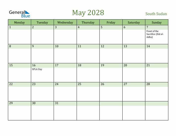 May 2028 Calendar with South Sudan Holidays