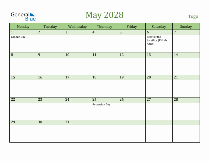 May 2028 Calendar with Togo Holidays