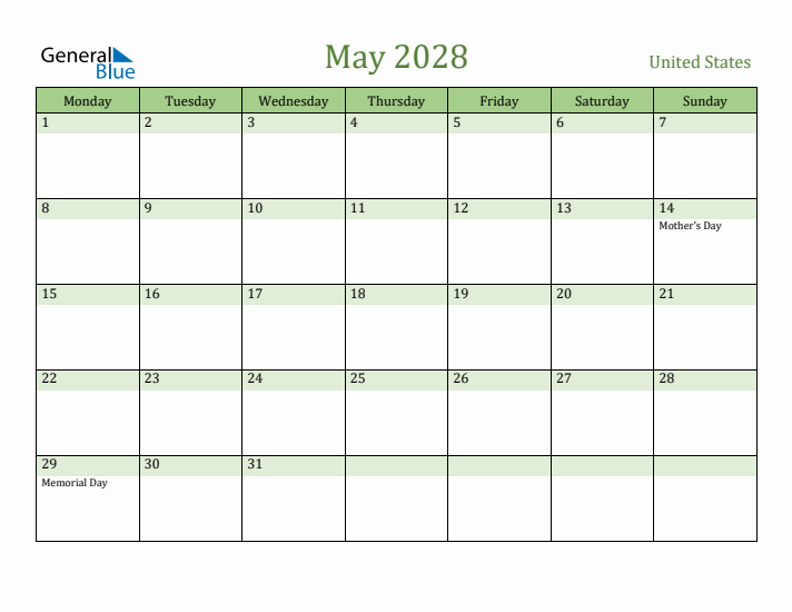 May 2028 Calendar with United States Holidays