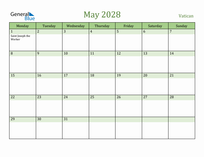 May 2028 Calendar with Vatican Holidays