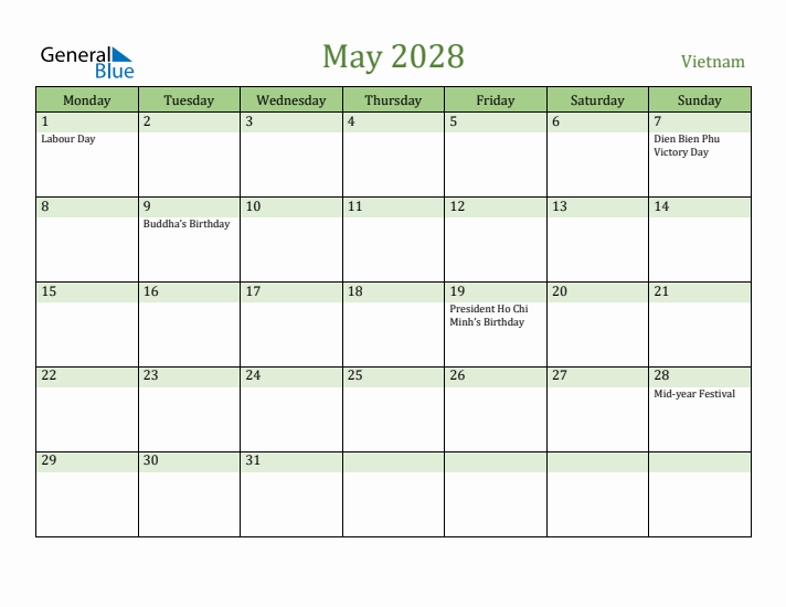 May 2028 Calendar with Vietnam Holidays