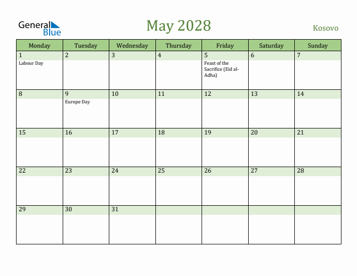 May 2028 Calendar with Kosovo Holidays