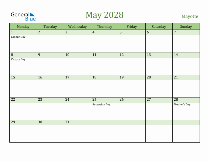 May 2028 Calendar with Mayotte Holidays