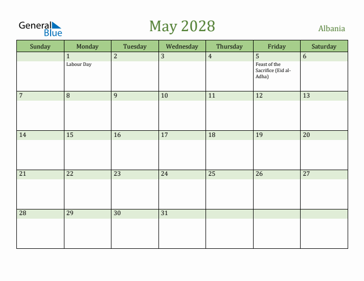 May 2028 Calendar with Albania Holidays