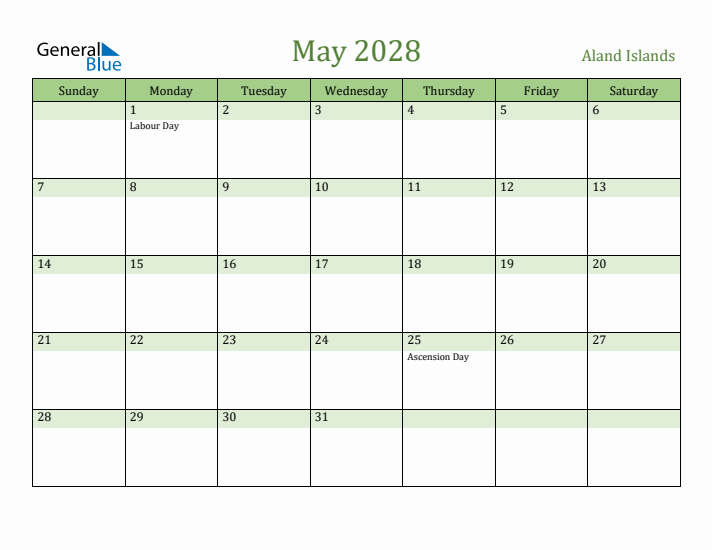 May 2028 Calendar with Aland Islands Holidays