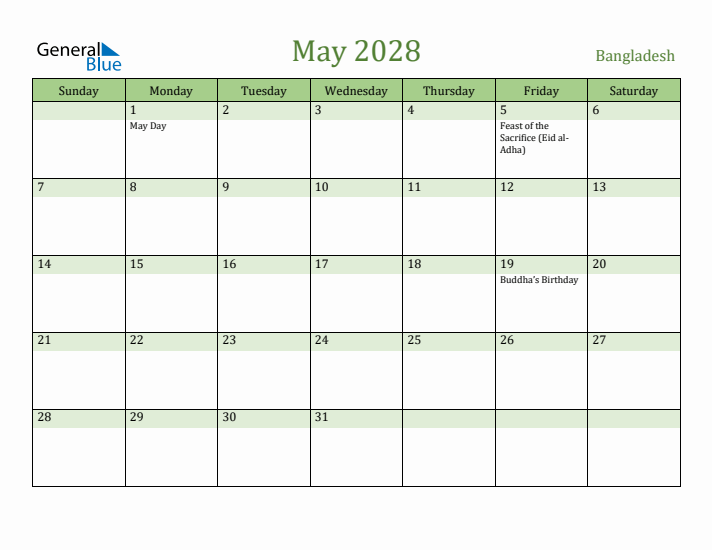 May 2028 Calendar with Bangladesh Holidays