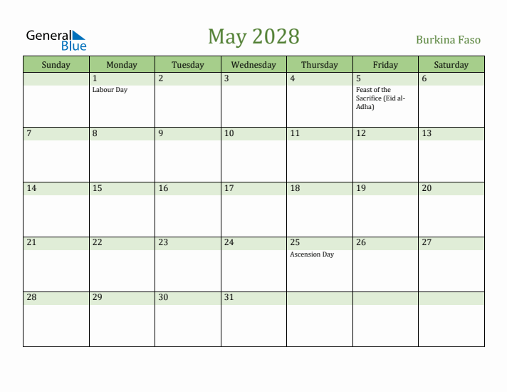 May 2028 Calendar with Burkina Faso Holidays