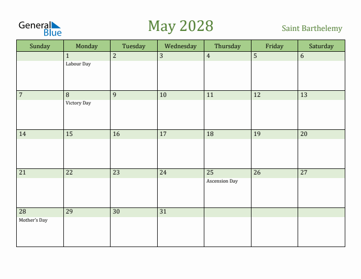 May 2028 Calendar with Saint Barthelemy Holidays