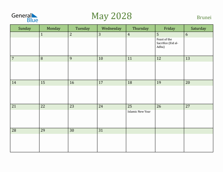 May 2028 Calendar with Brunei Holidays