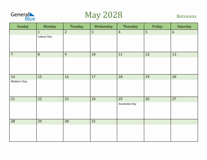 May 2028 Calendar with Botswana Holidays