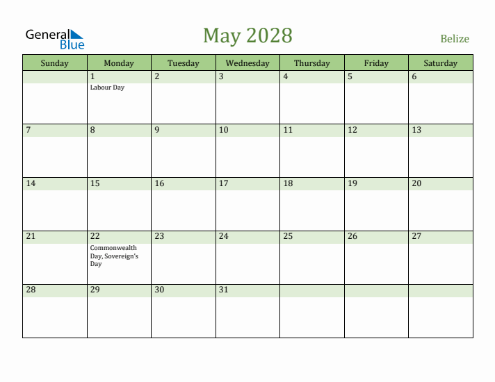 May 2028 Calendar with Belize Holidays
