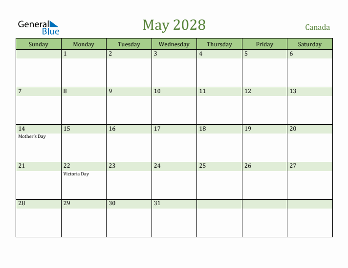 May 2028 Calendar with Canada Holidays
