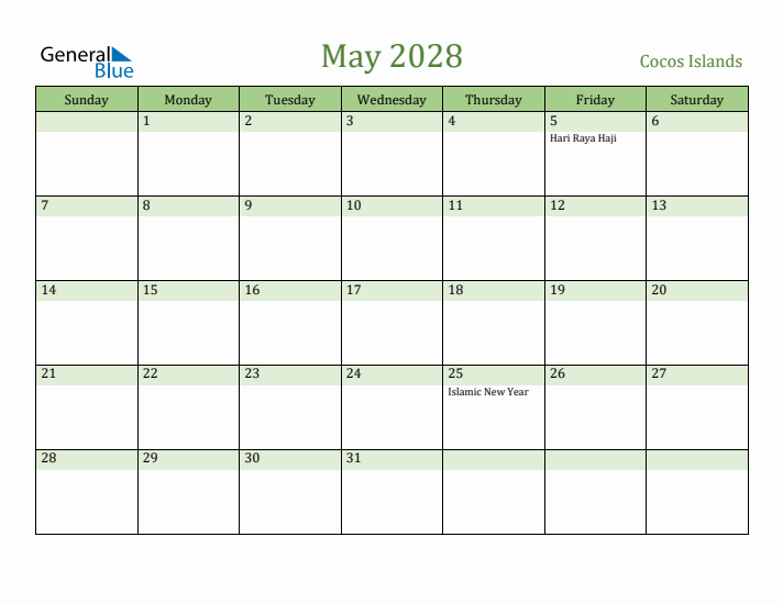May 2028 Calendar with Cocos Islands Holidays