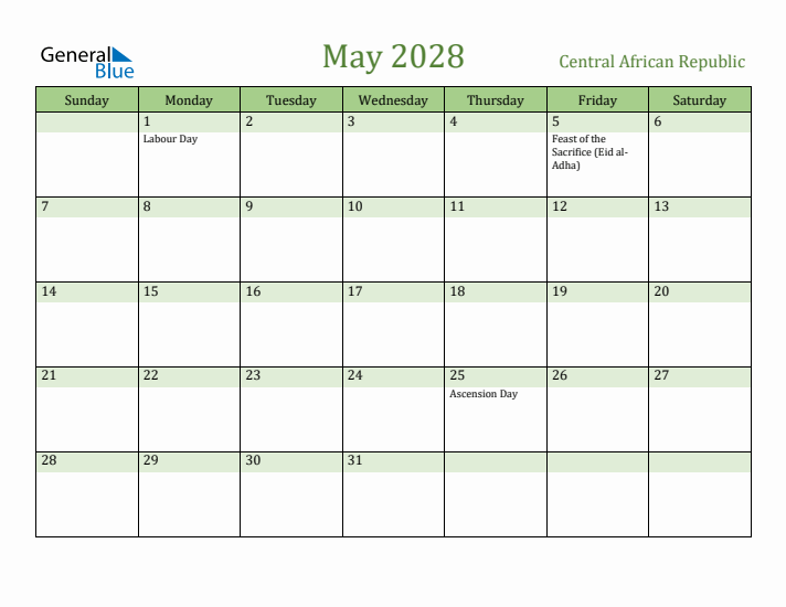 May 2028 Calendar with Central African Republic Holidays