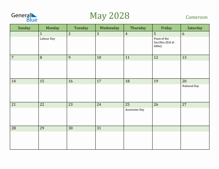 May 2028 Calendar with Cameroon Holidays