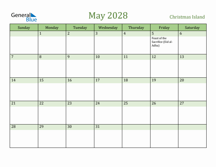 May 2028 Calendar with Christmas Island Holidays