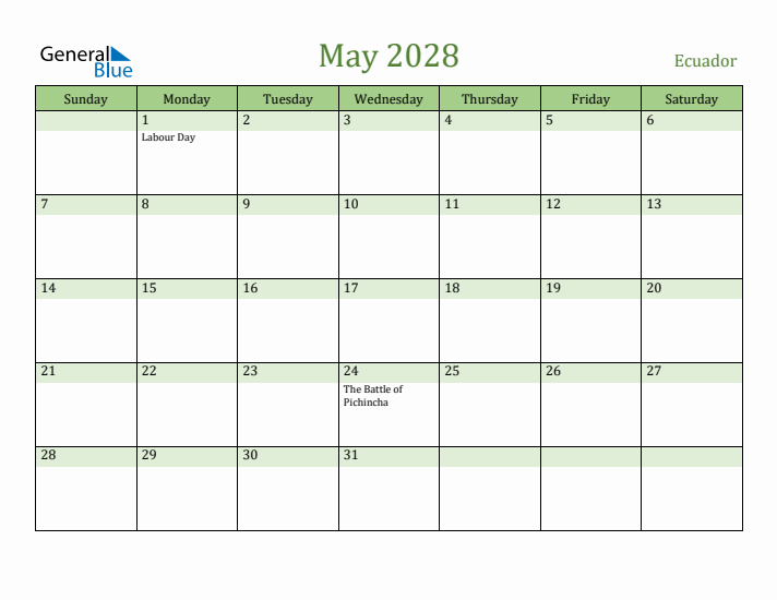 May 2028 Calendar with Ecuador Holidays