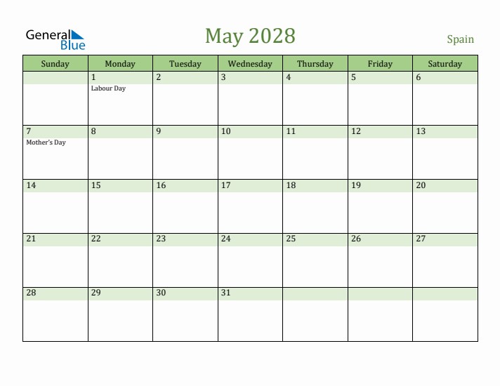 May 2028 Calendar with Spain Holidays