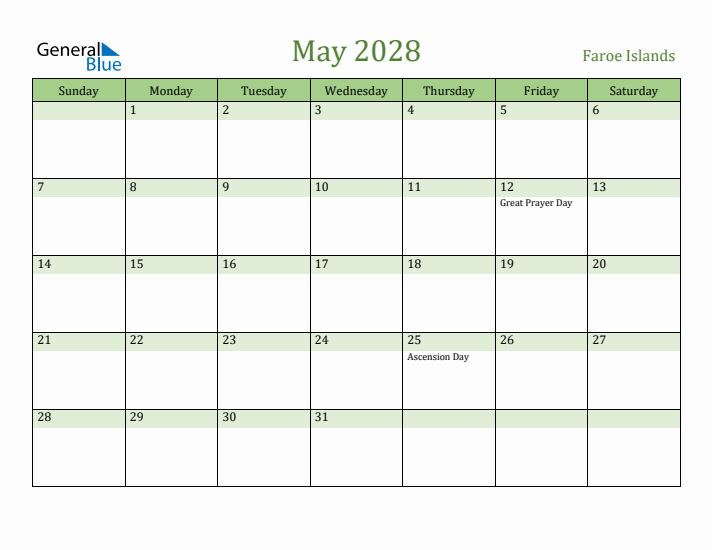 May 2028 Calendar with Faroe Islands Holidays
