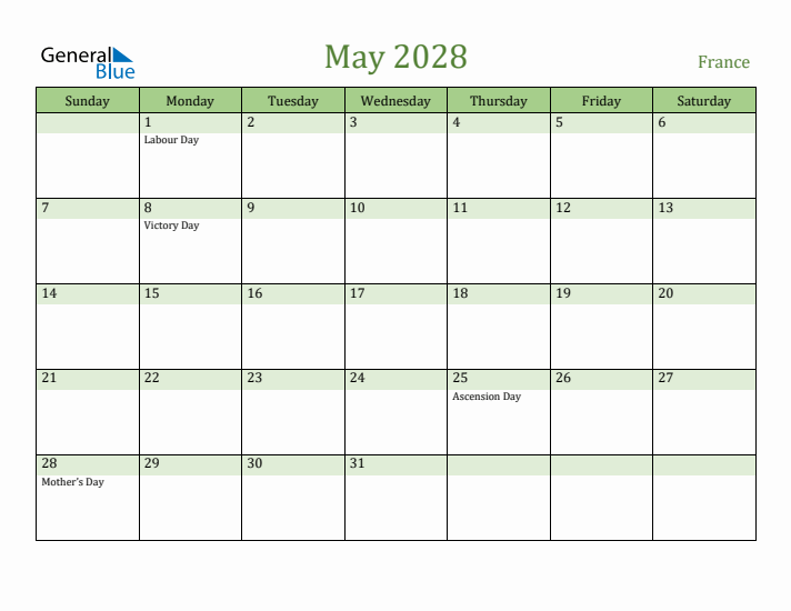 May 2028 Calendar with France Holidays