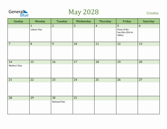 May 2028 Calendar with Croatia Holidays