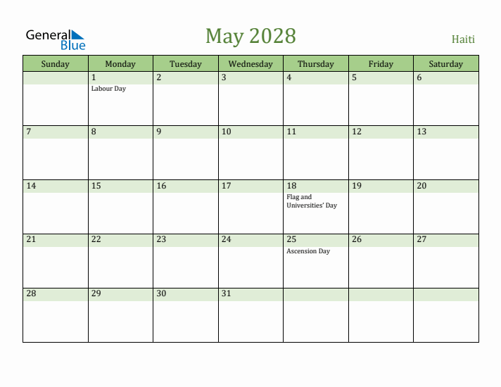 May 2028 Calendar with Haiti Holidays