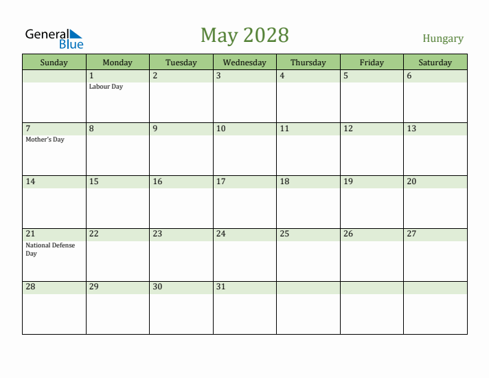 May 2028 Calendar with Hungary Holidays