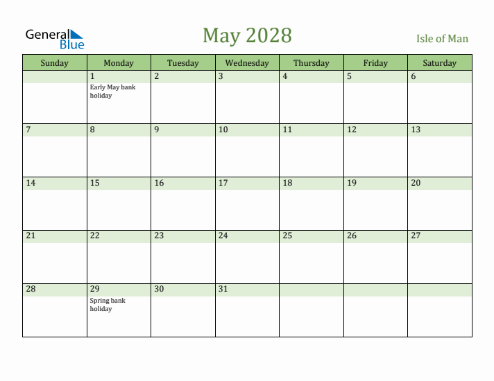 May 2028 Calendar with Isle of Man Holidays