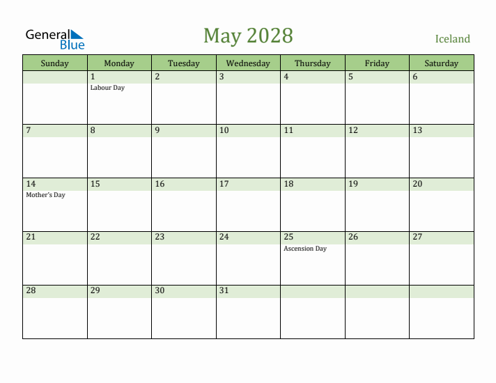 May 2028 Calendar with Iceland Holidays