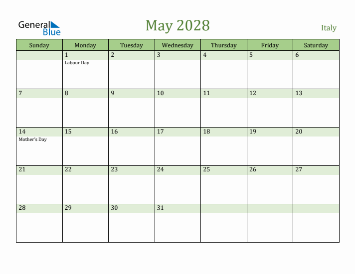 May 2028 Calendar with Italy Holidays