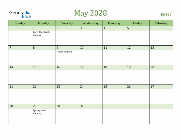 May 2028 Calendar with Jersey Holidays