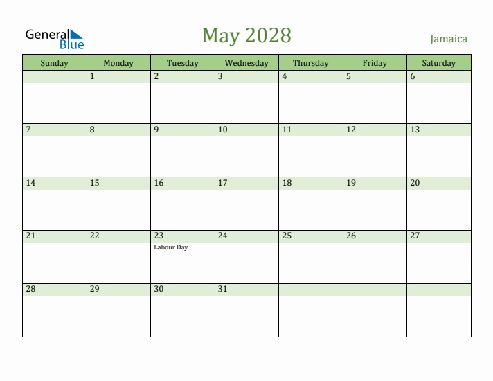 May 2028 Calendar with Jamaica Holidays