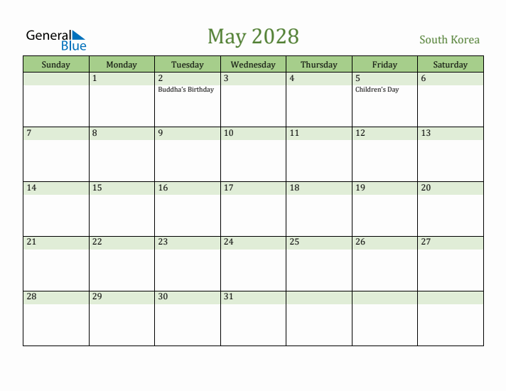 May 2028 Calendar with South Korea Holidays