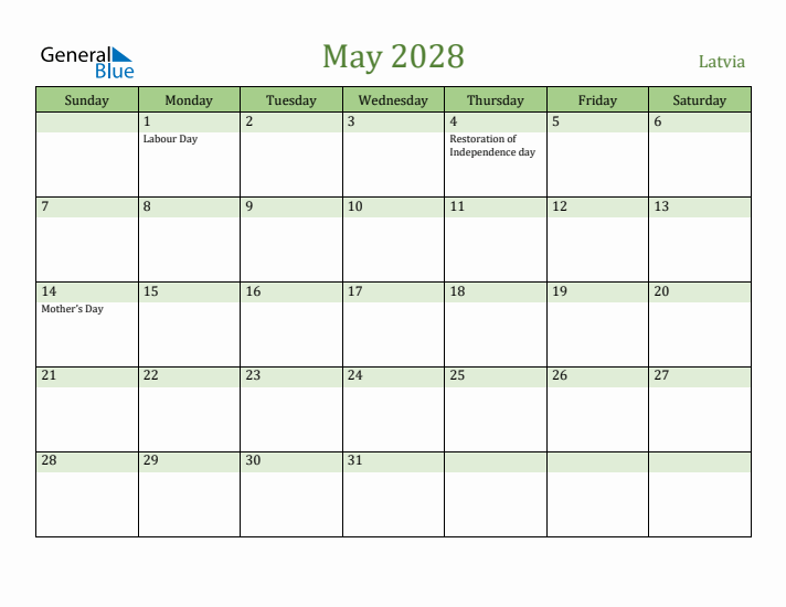 May 2028 Calendar with Latvia Holidays