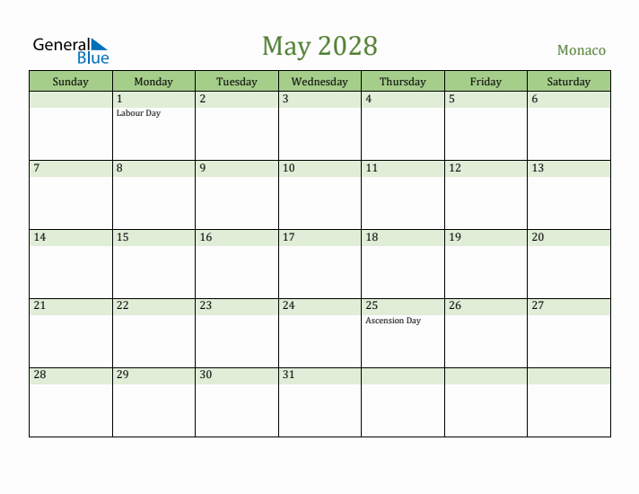 May 2028 Calendar with Monaco Holidays