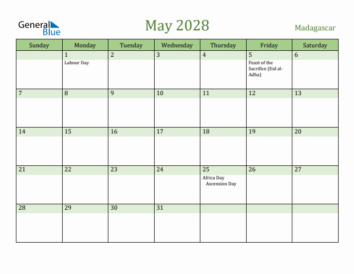 May 2028 Calendar with Madagascar Holidays