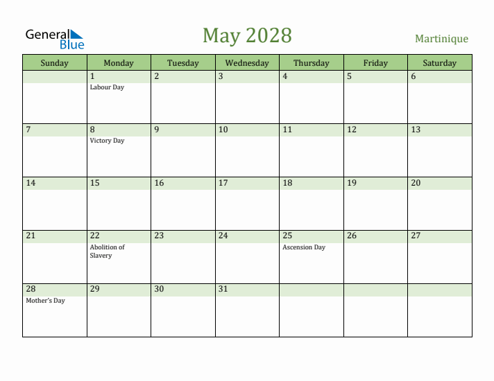 May 2028 Calendar with Martinique Holidays