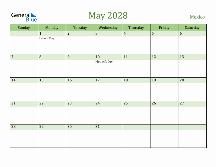 May 2028 Calendar with Mexico Holidays