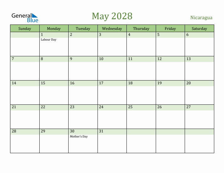 May 2028 Calendar with Nicaragua Holidays