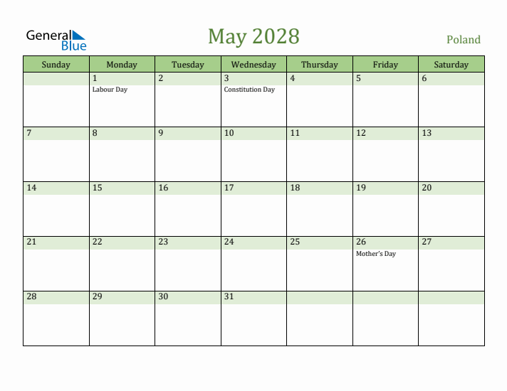 May 2028 Calendar with Poland Holidays