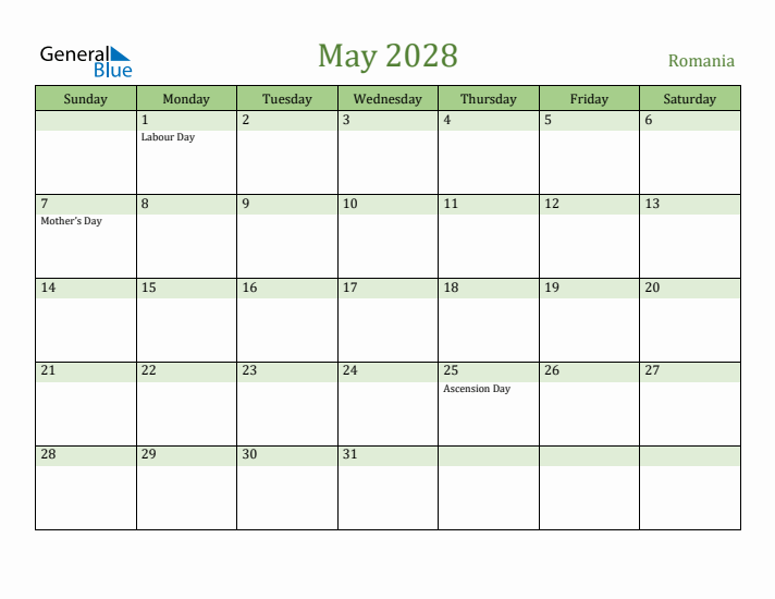 May 2028 Calendar with Romania Holidays